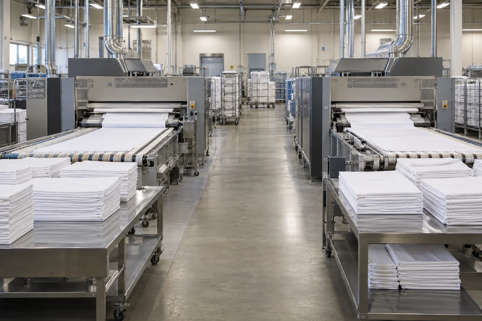 Lignes de finition de linge avec des postes d’alimentation