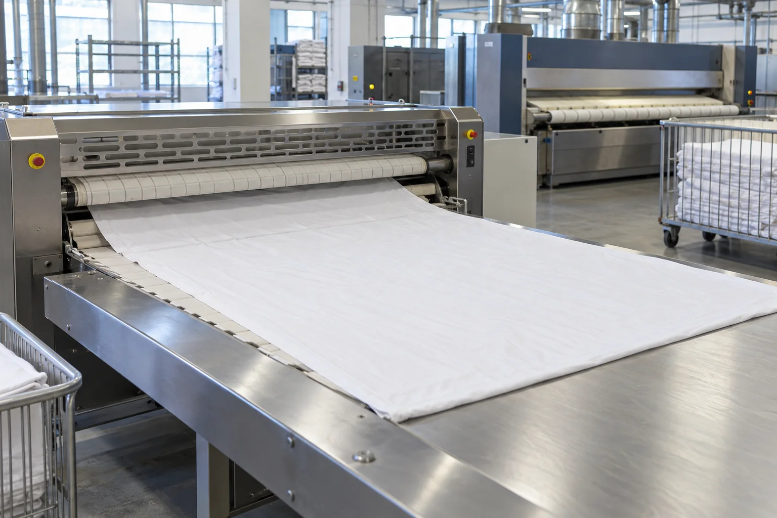 Poste d’engagement du linge plat vers une ligne de finition