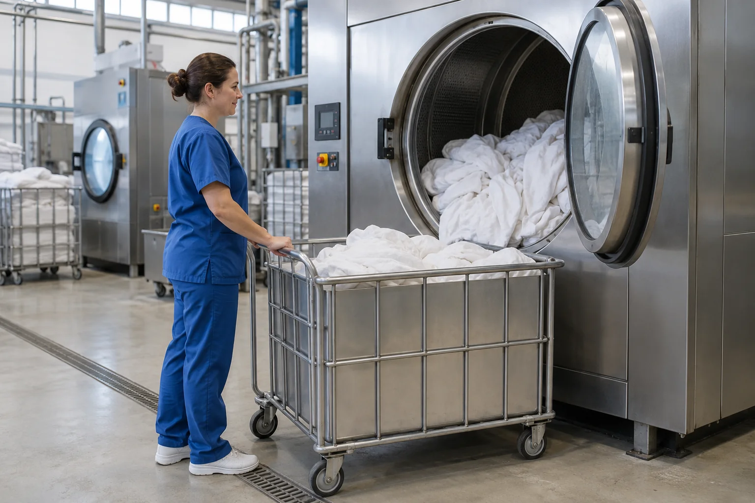 Déchargement du linge dans un bac roulant en sortie de séchage industriel