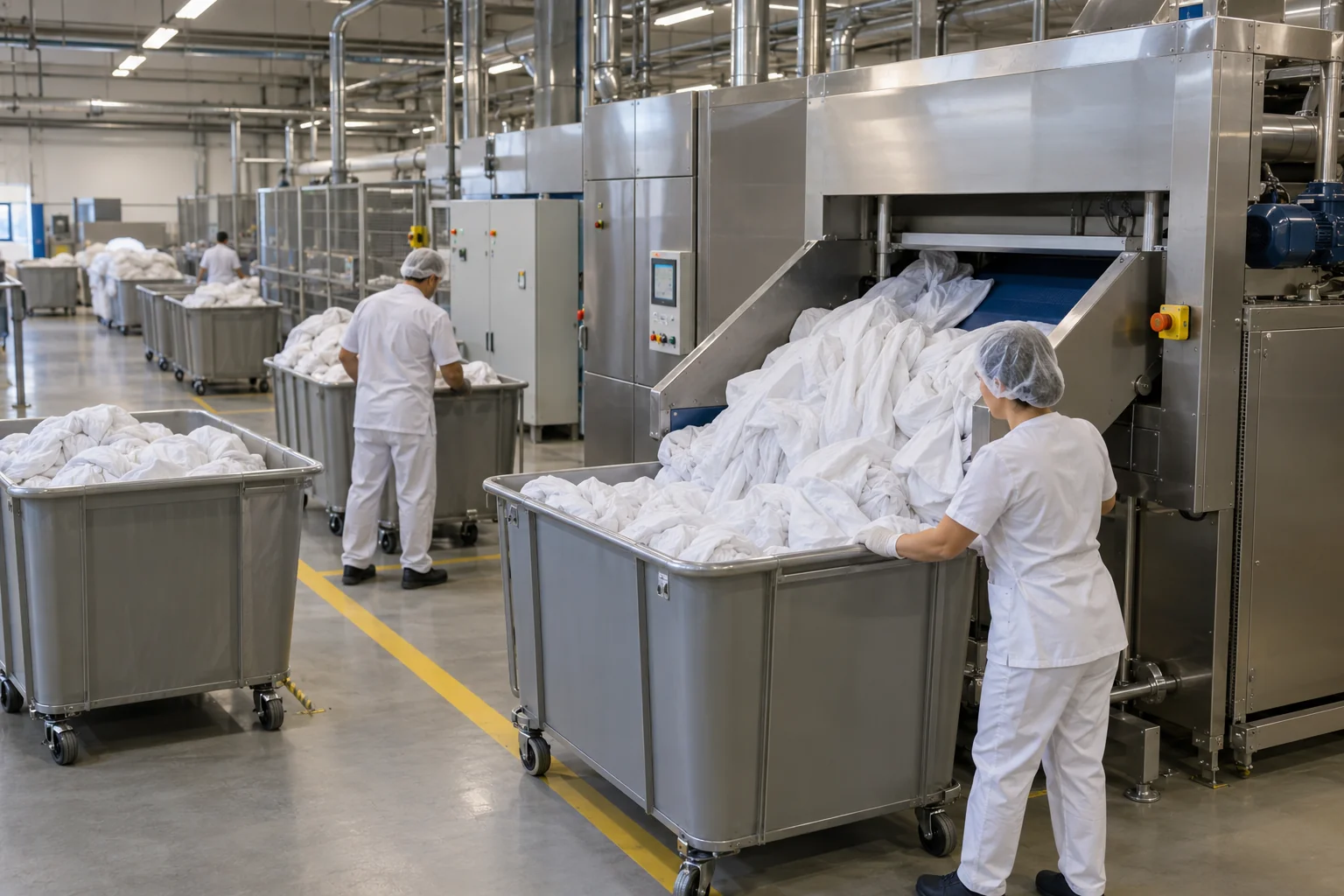 Vue d’équipements industriels et de bacs de linge à leurs sorties