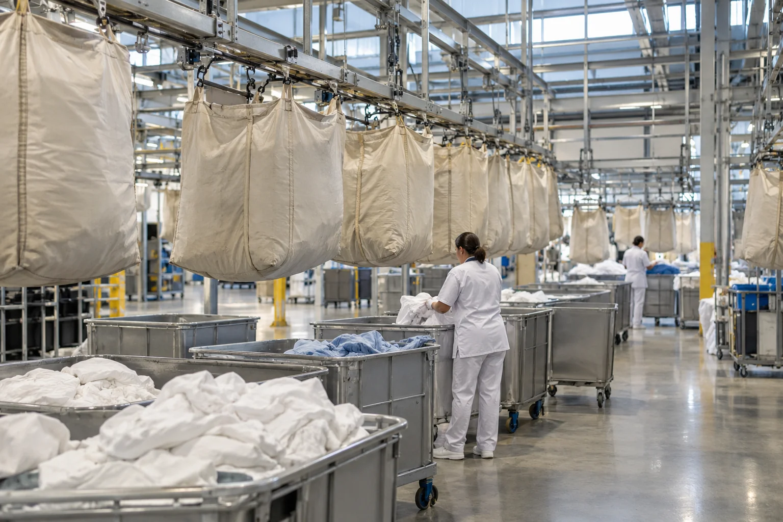 Lots de linge organisés dans des sacs suspendus en blanchisserie