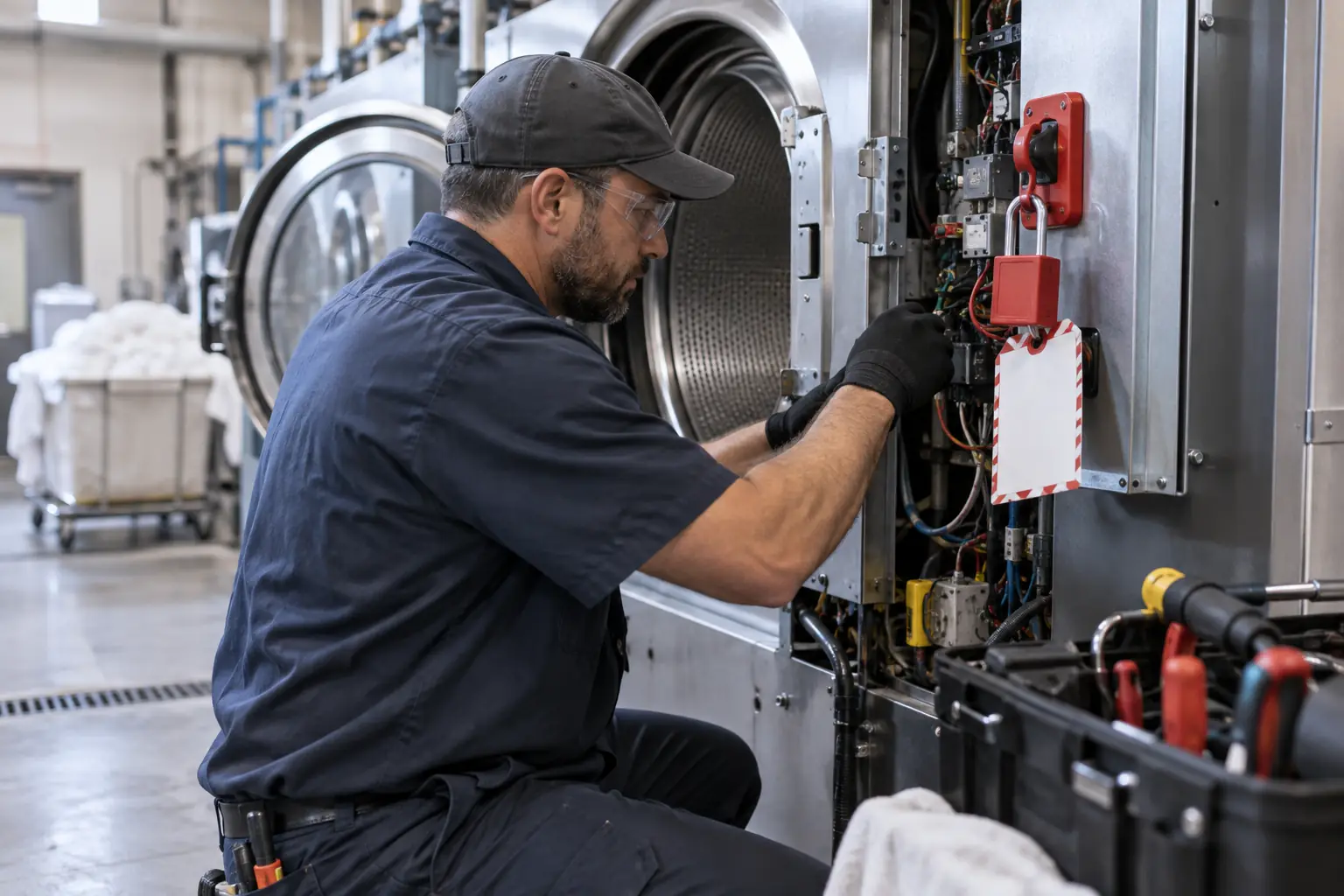 Technicien réalisant une opération de maintenance sur une machine de blanchisserie