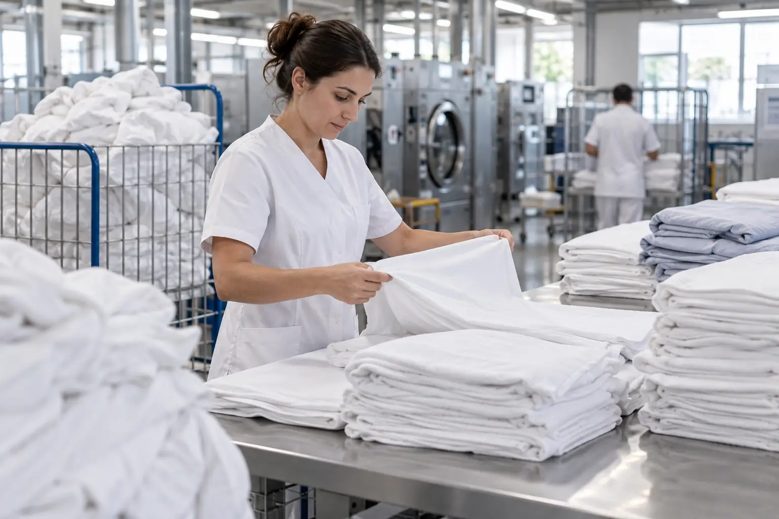 Opératrice triant et préparant le linge dans une blanchisserie industrielle
