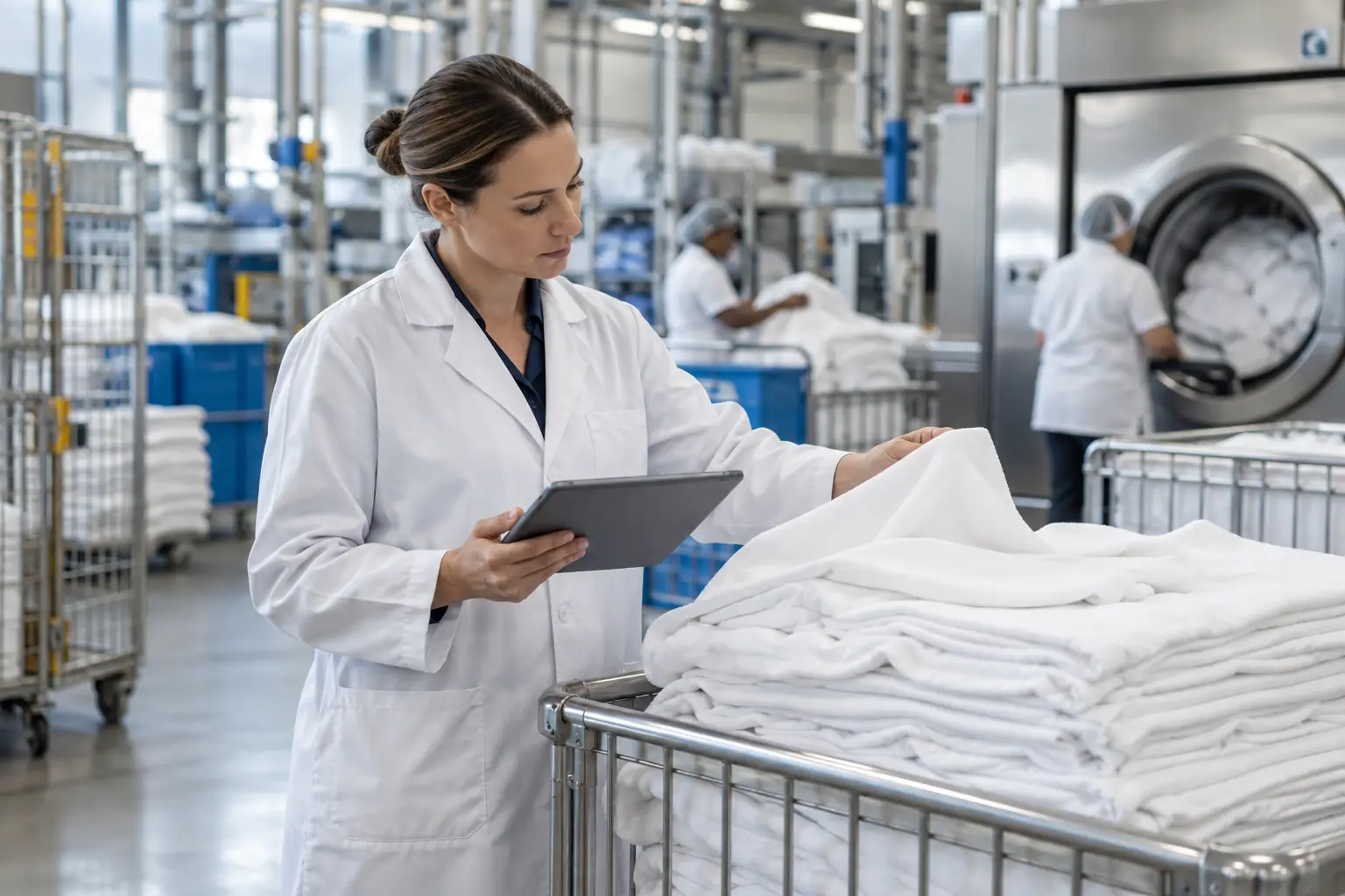 Responsable qualité vérifiant l’hygiène et la traçabilité du linge traité