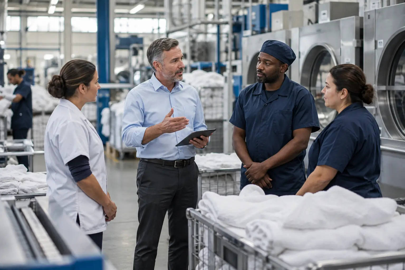 Responsable de production observant les lignes d’une blanchisserie industrielle
