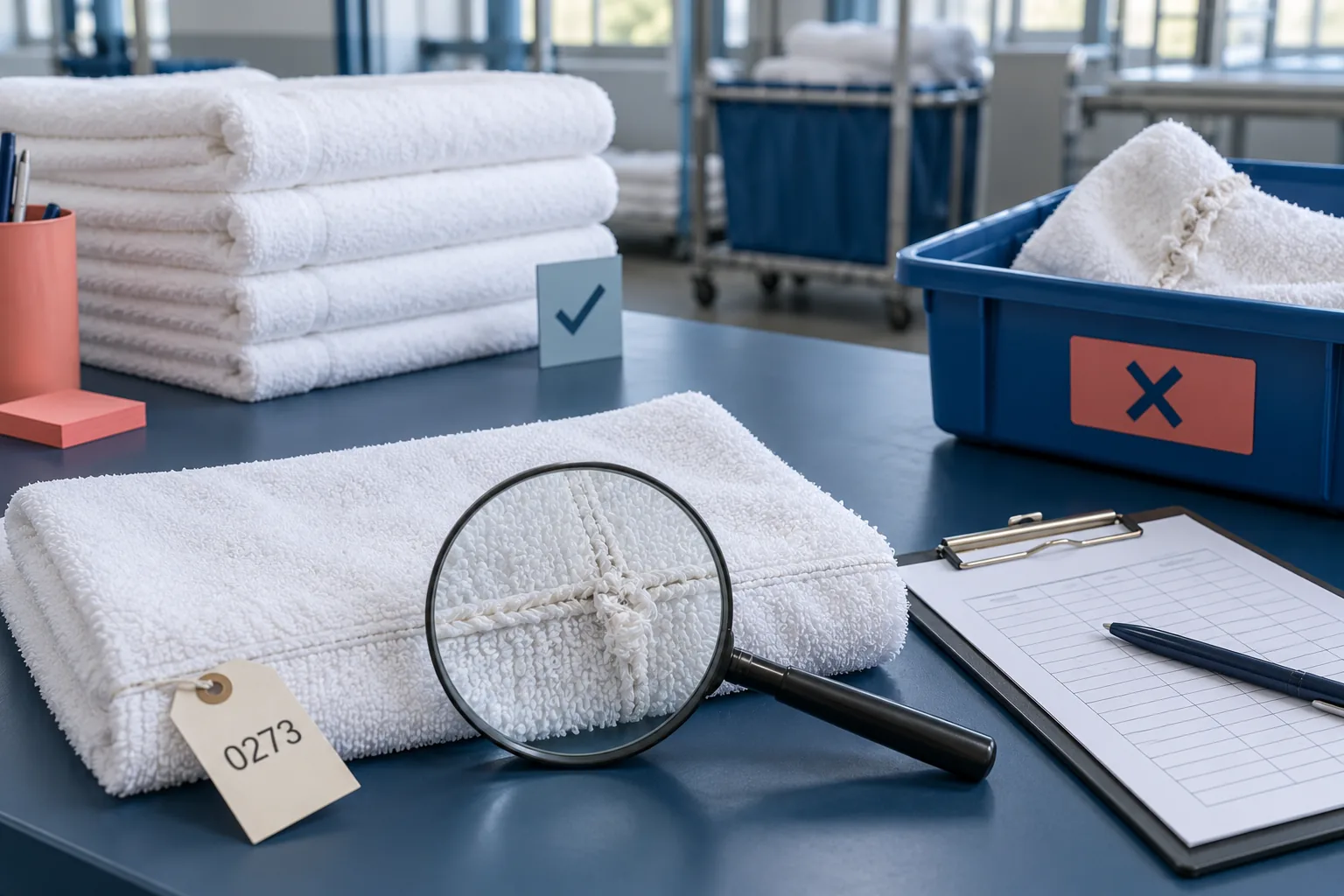 Illustration générée par IA : serviette à couture usée examinée à la loupe, fiche de contrôle et bac distinct pour les articles écartés