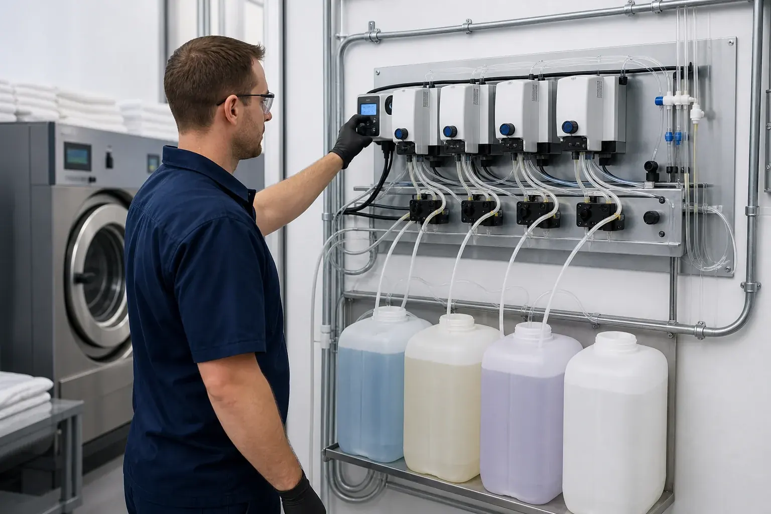 Installation de dosage fermé pour produits lessiviels en blanchisserie