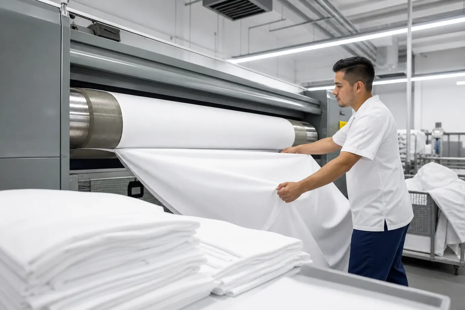 Draps blancs engagés sur une calandre industrielle de finition
