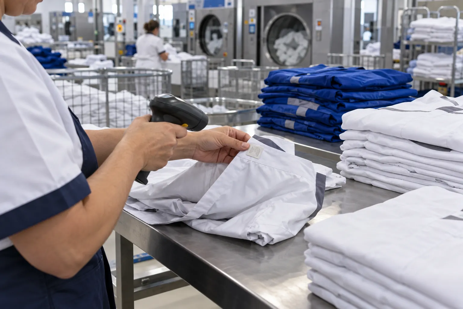 Lecture d’une étiquette RFID cousue sur un article textile en blanchisserie