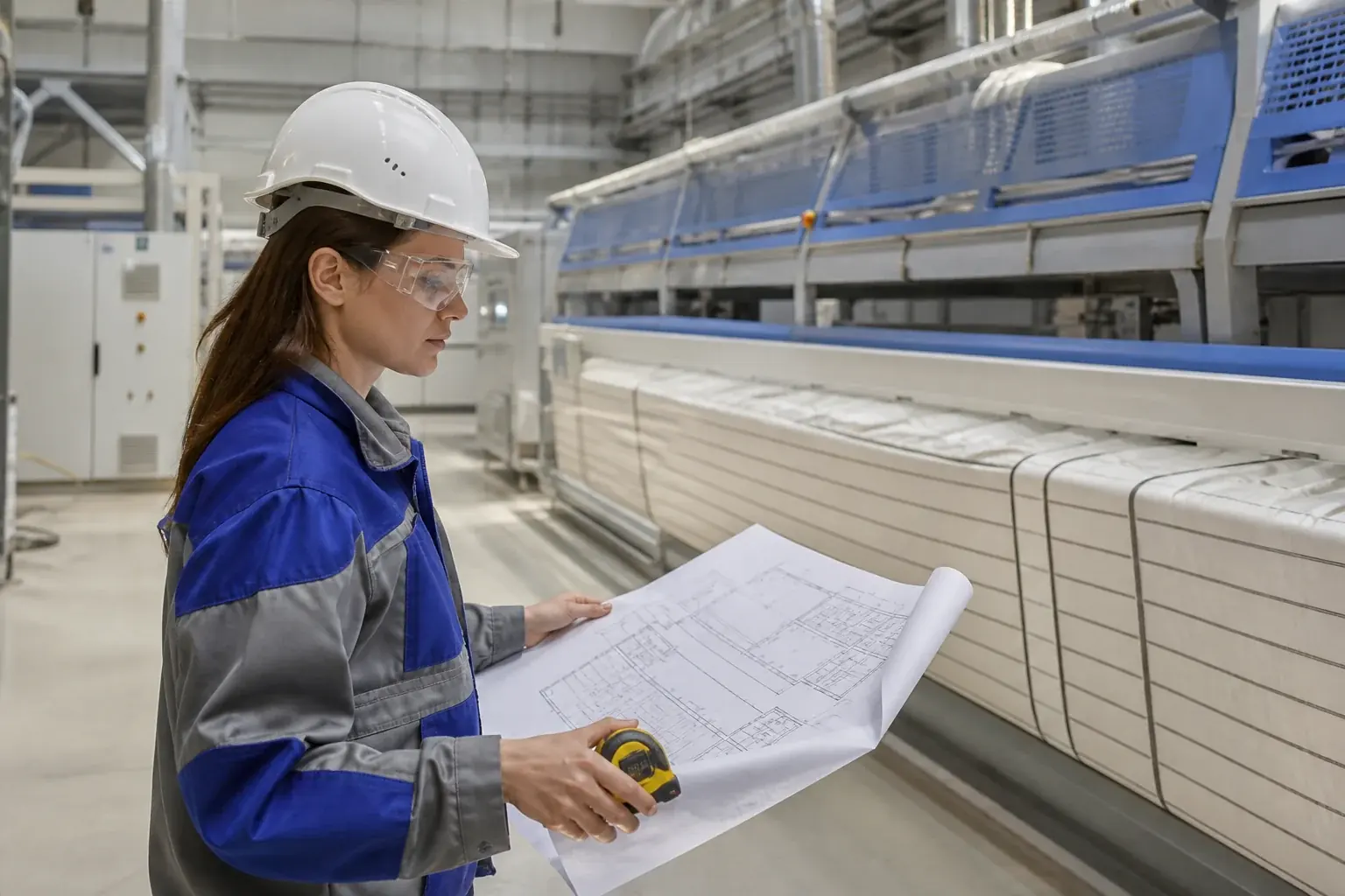 Ingénieure vérifiant l’installation d’une ligne de blanchisserie industrielle