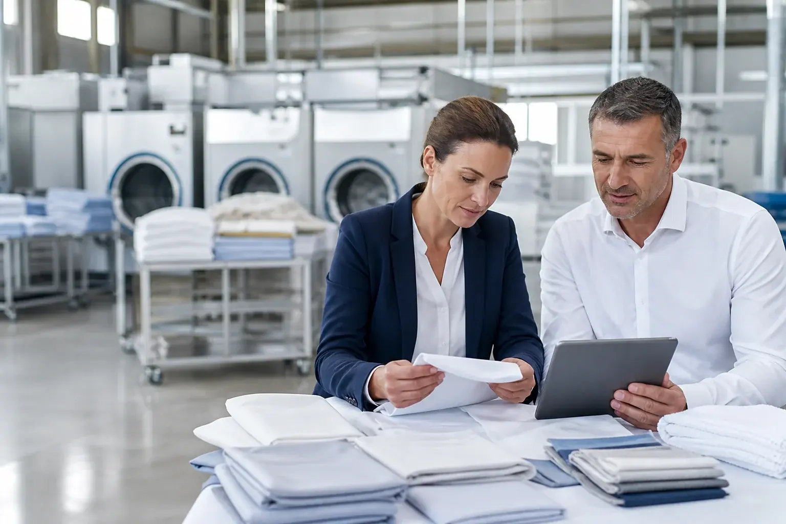 Responsables comparant une proposition de blanchisserie avec des échantillons de linge