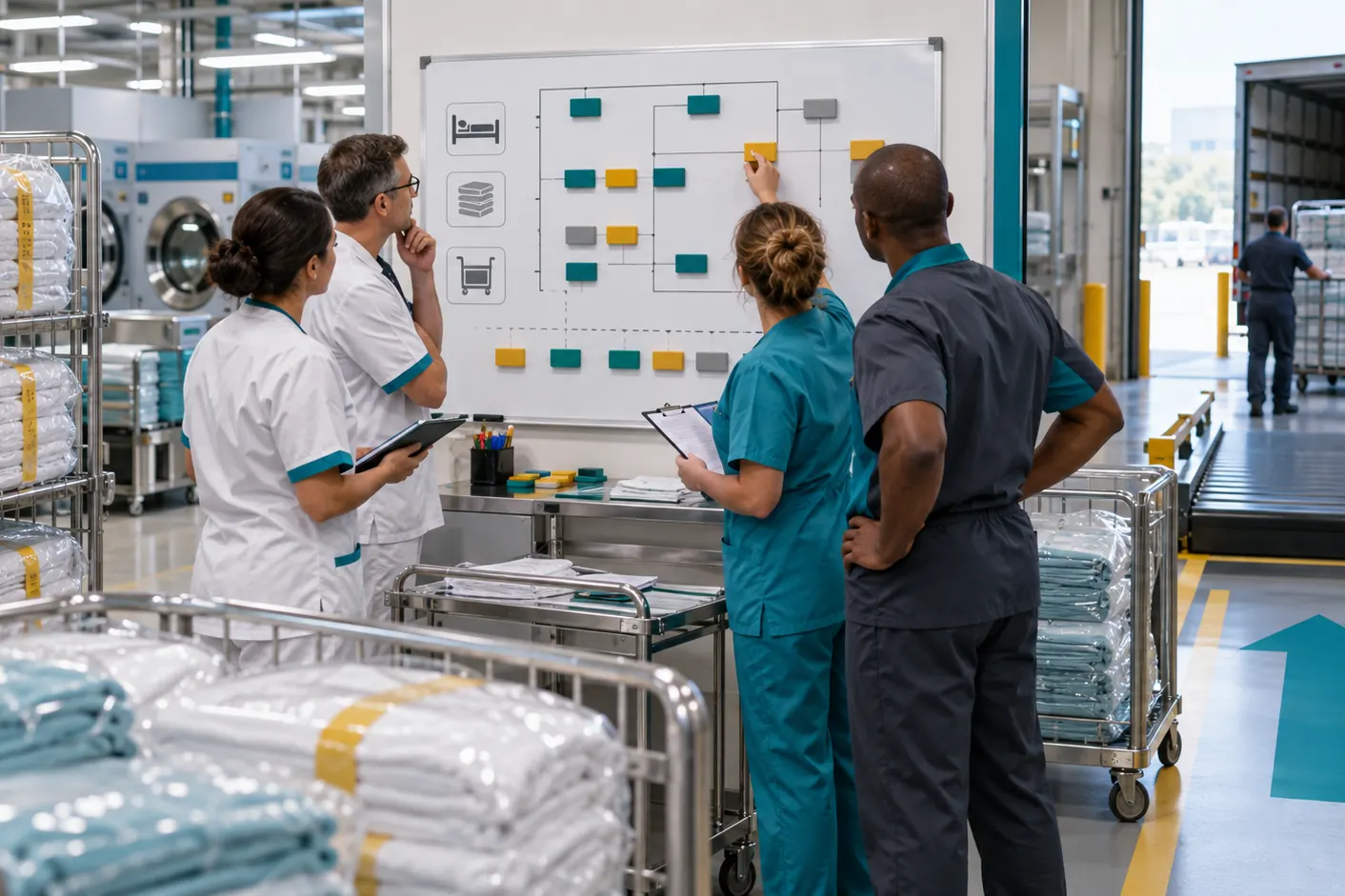 Équipe préparant un exercice de continuité pour la logistique du linge hospitalier