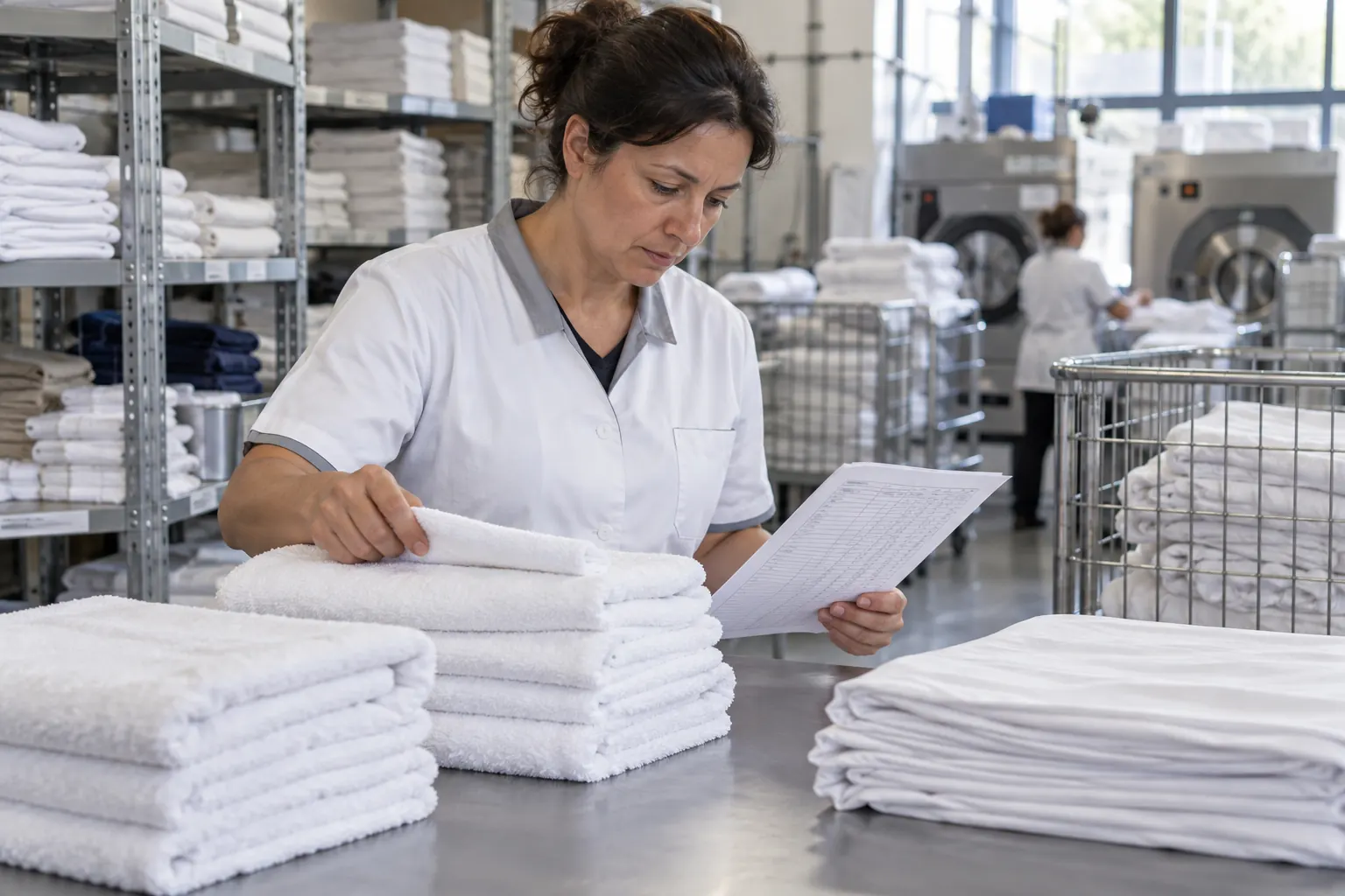 Responsable comparant un inventaire avec des piles de linge hôtelier