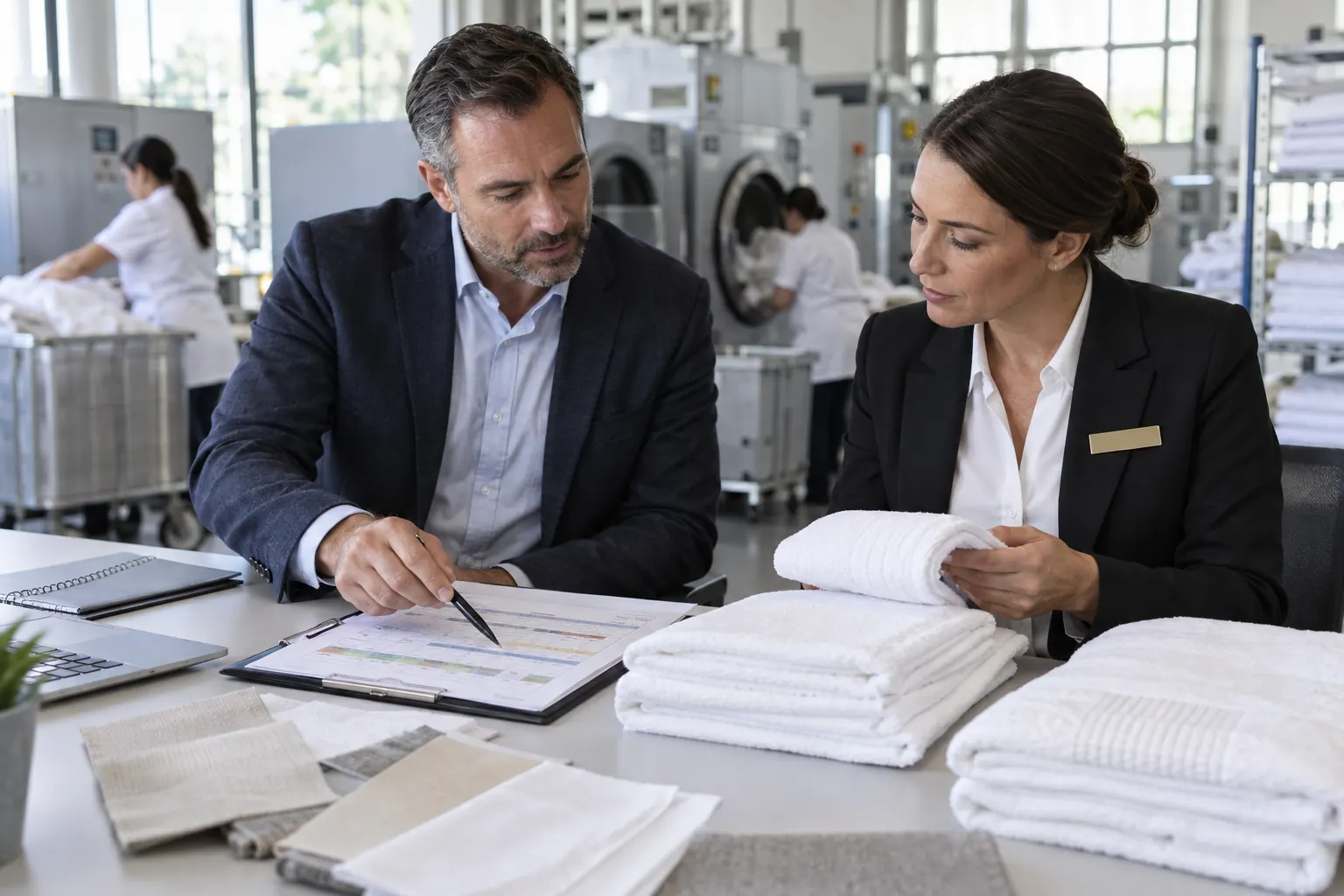Responsables préparant la mise en service d’une prestation de linge sur plusieurs établissements