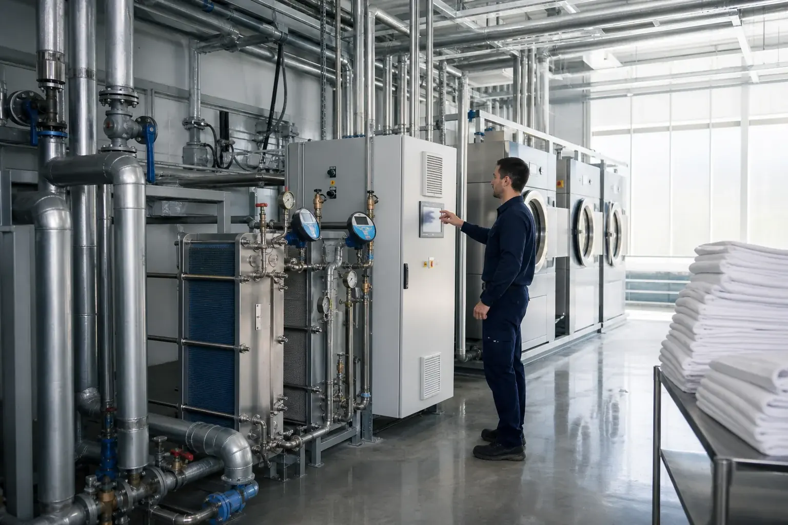 Technicien contrôlant les équipements de récupération d’eau et de chaleur d’une blanchisserie