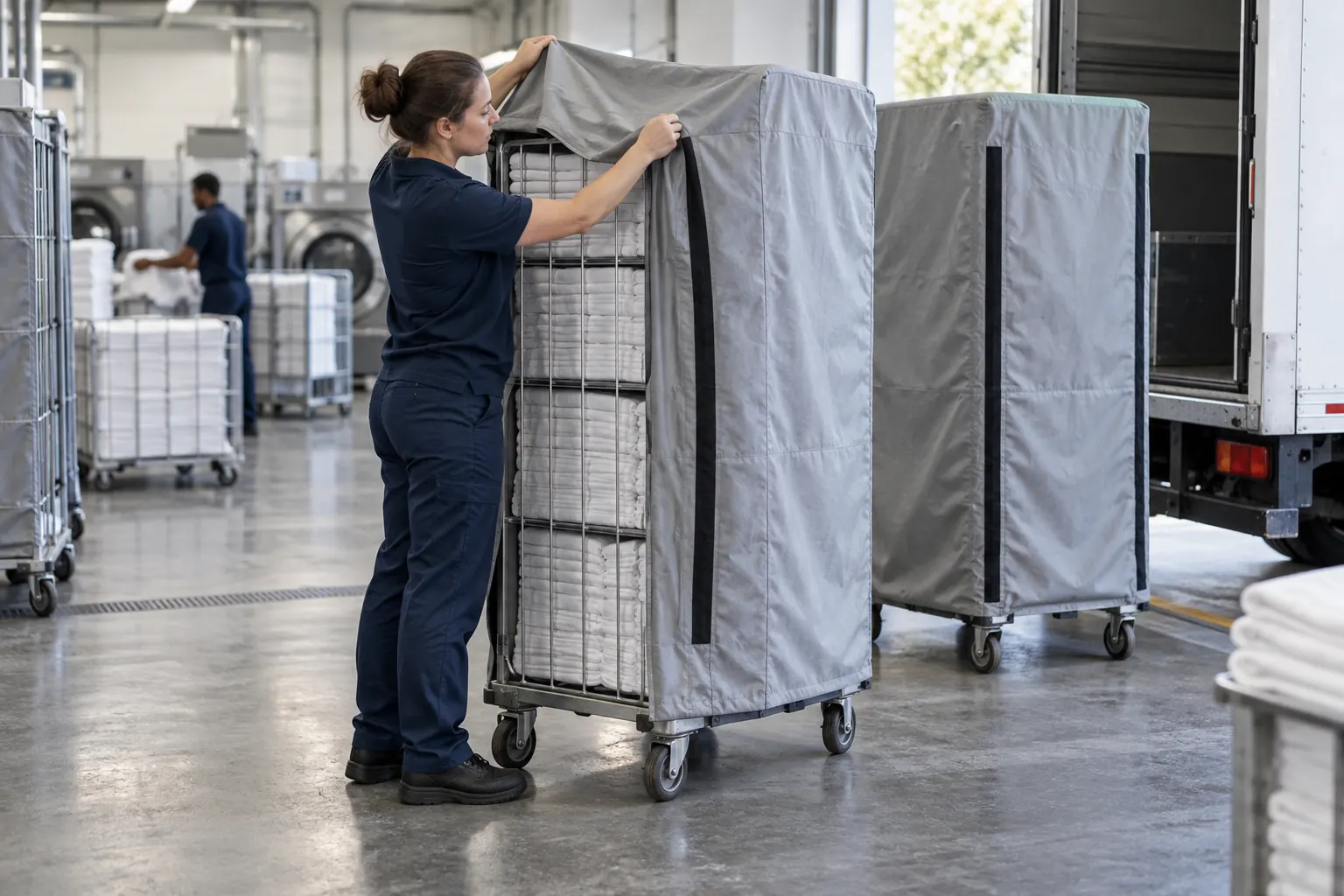Housses réutilisables protégeant des chariots de linge propre