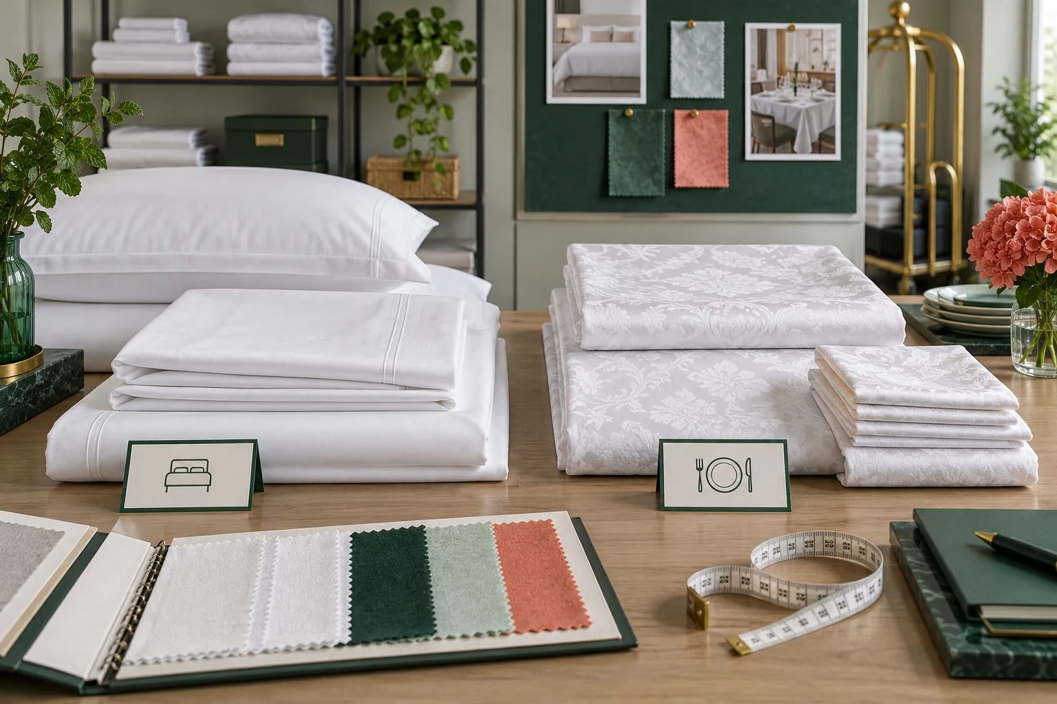Illustration générée par IA de deux familles textiles : linge de lit et linge de table