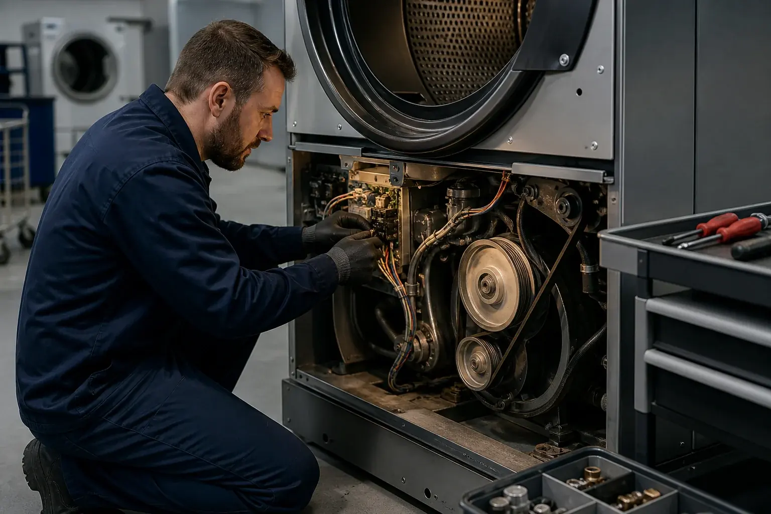 Technicien assurant la maintenance préventive d’un sèche-linge industriel