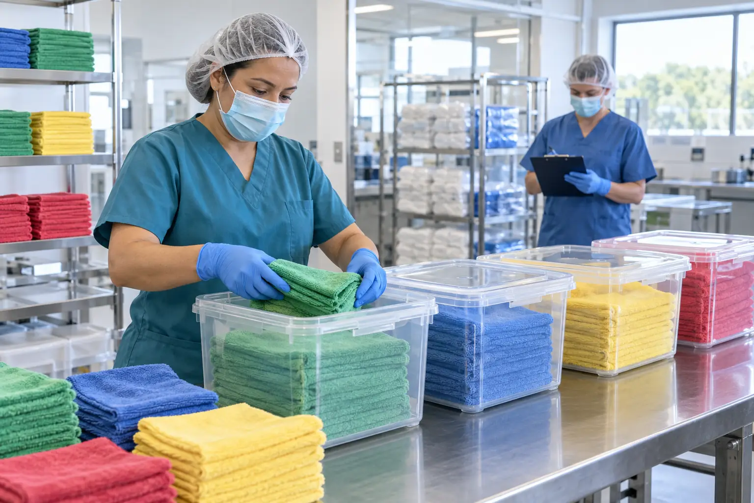 Préparation organisée de microfibres réutilisables dans une zone d’hygiène maîtrisée