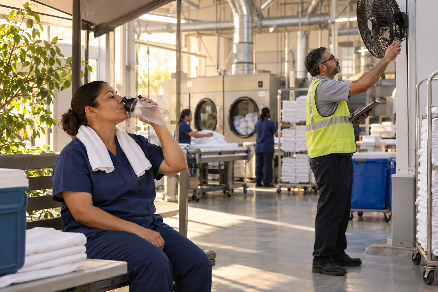 Pause hydratation et contrôle de la ventilation dans un atelier de blanchisserie chaud