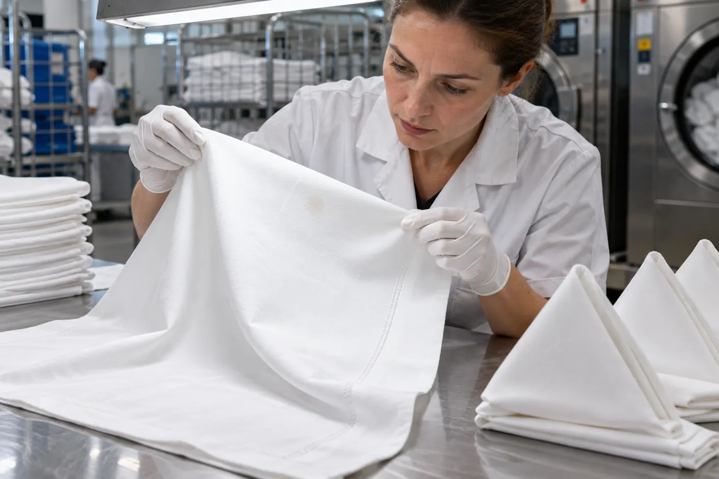 Contrôle d’une nappe blanche et de serviettes de restaurant après finition
