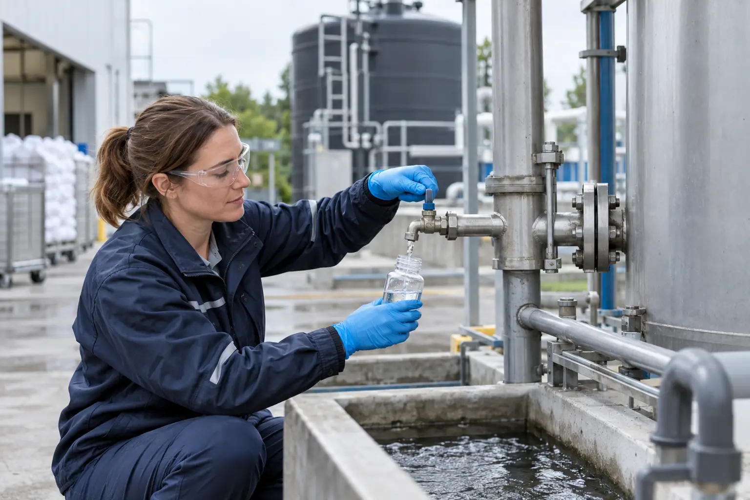 Technicien prélevant un échantillon des rejets aqueux d’une blanchisserie industrielle