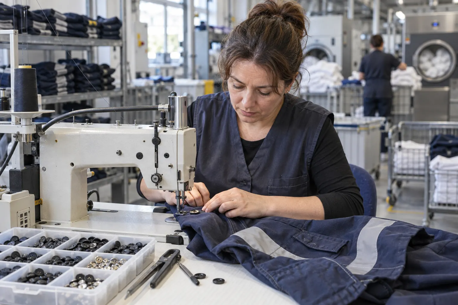 Réparation d’un vêtement professionnel sur un poste de couture