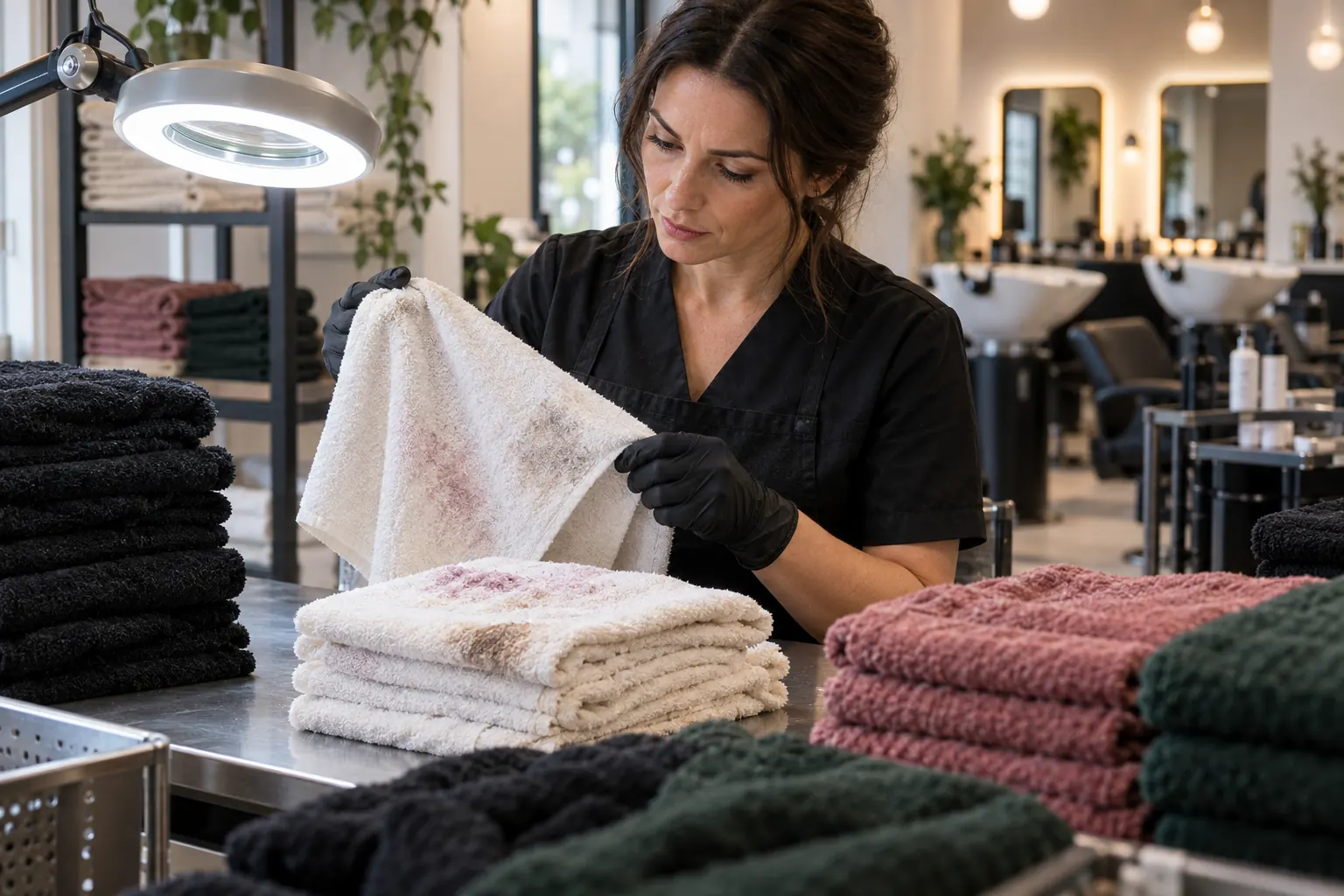Inspection de serviettes professionnelles utilisées dans un salon de coiffure