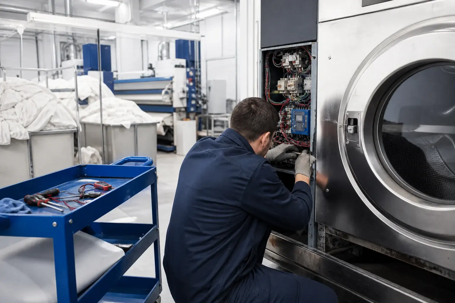 Technicien assurant la maintenance d’un équipement de blanchisserie