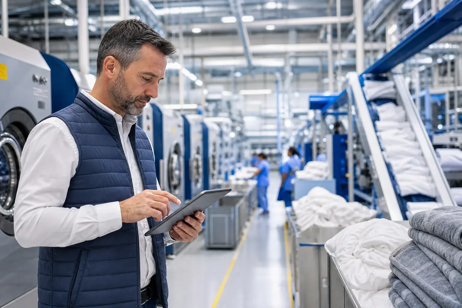 Responsable analysant les volumes, la qualité et les tournées d’une blanchisserie industrielle