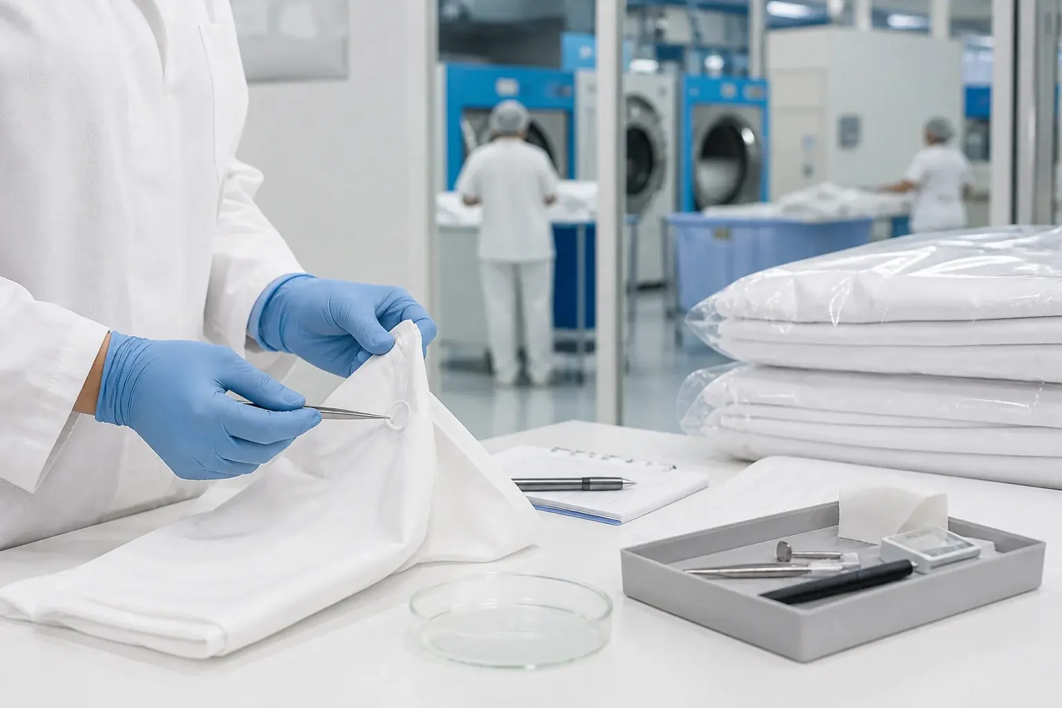 Technicien réalisant un contrôle microbiologique de textiles en zone propre