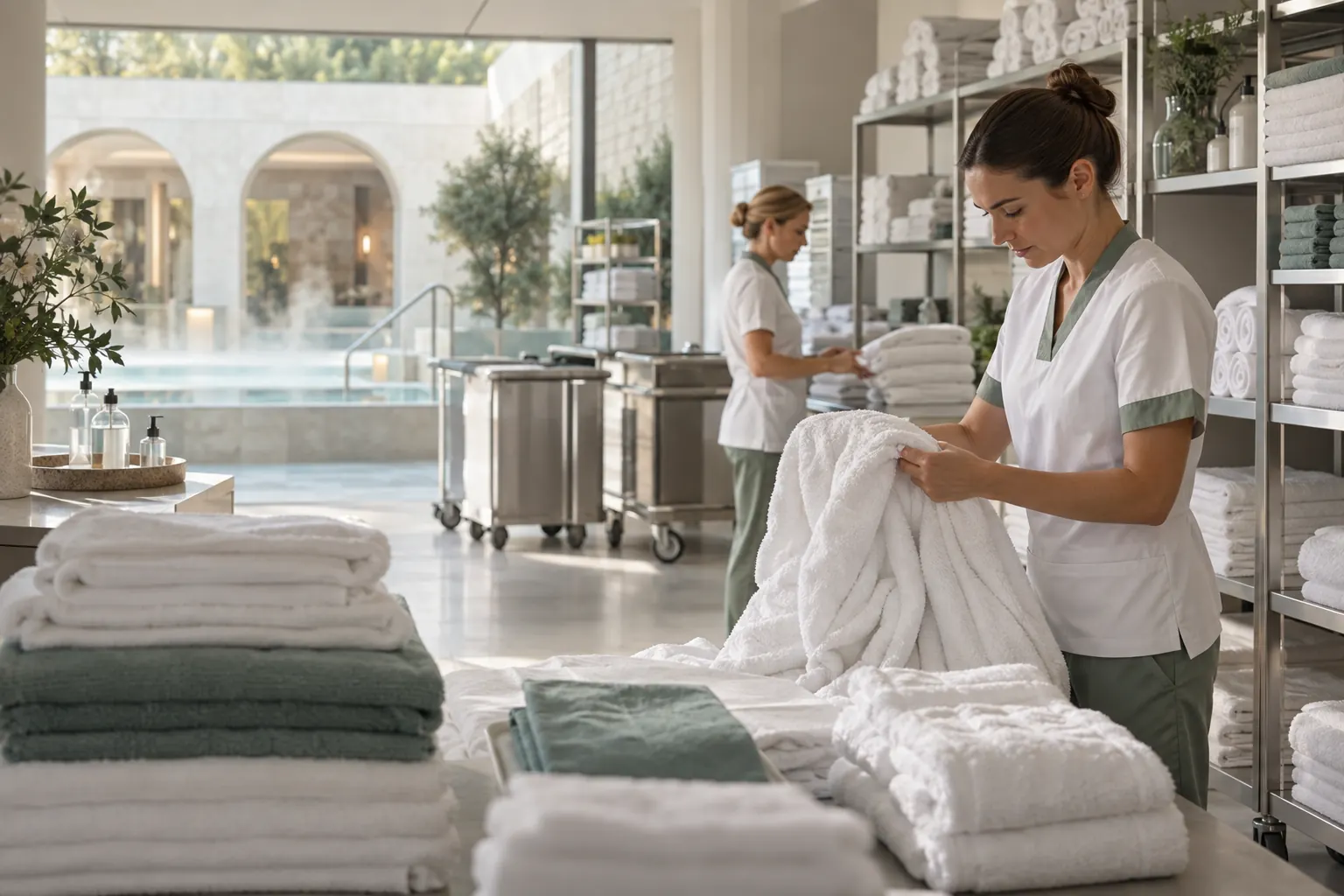 Peignoirs et serviettes professionnels préparés pour un spa et centre thermal