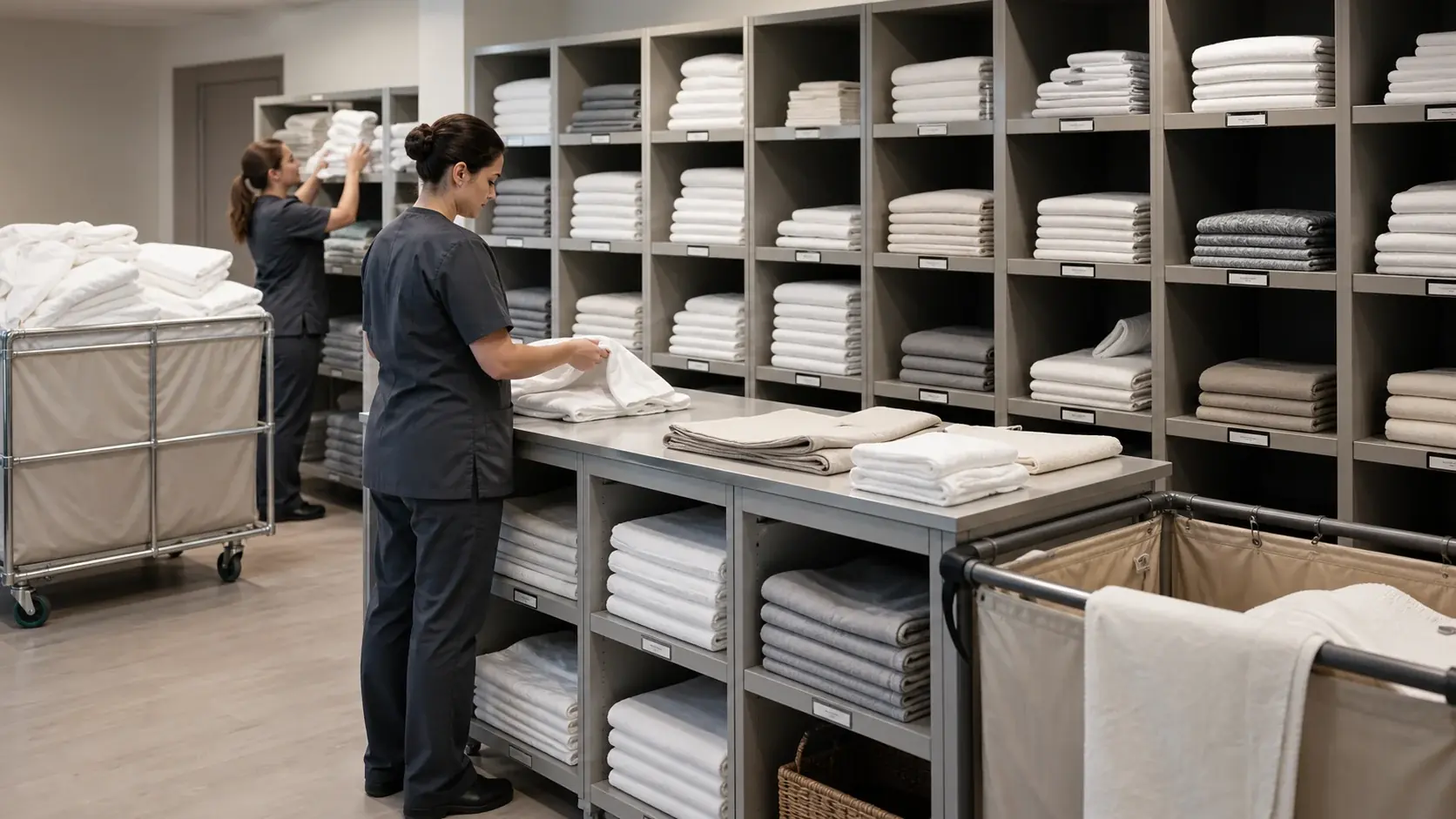 Stock organisé de linge propre et chariots de rotation professionnelle
