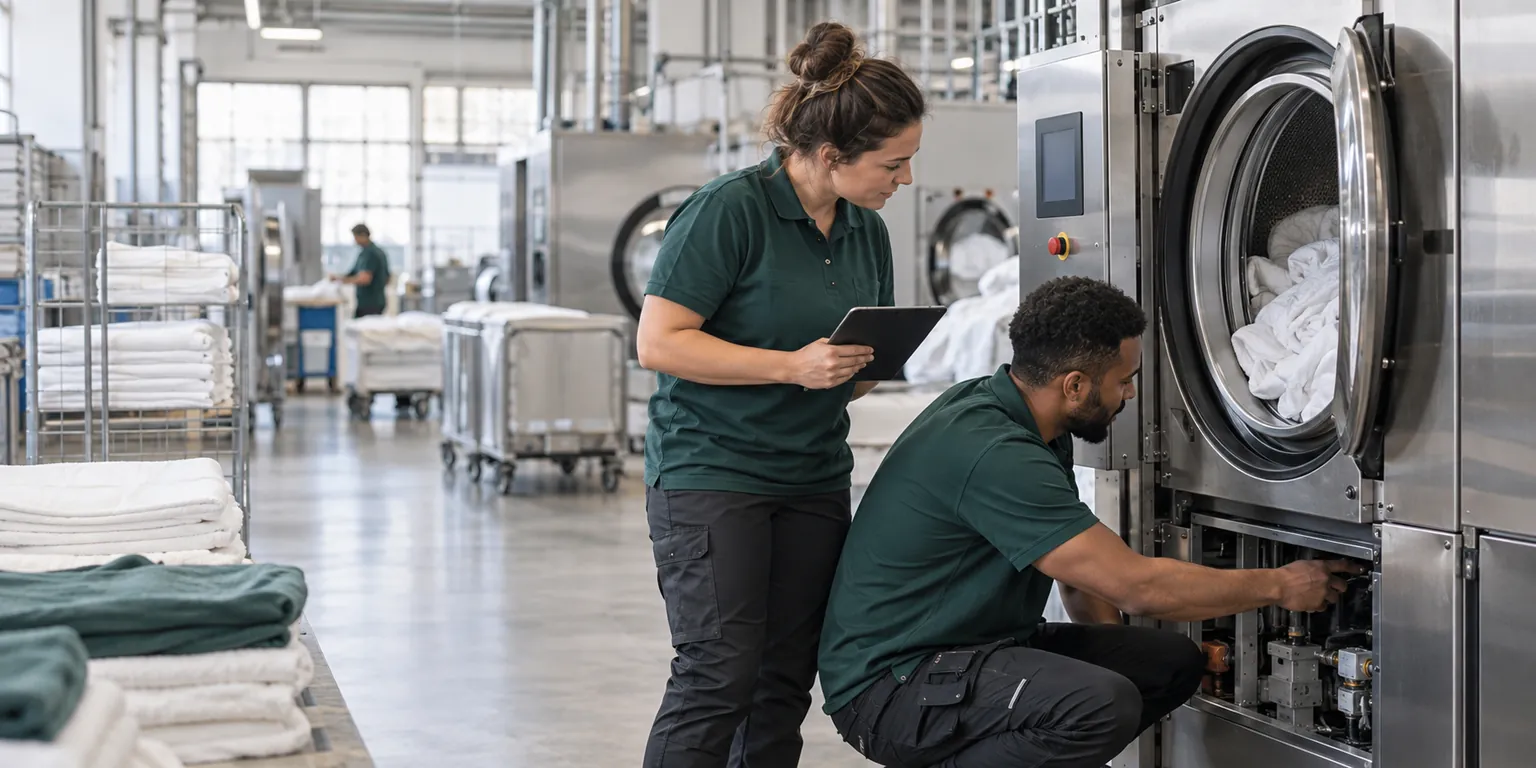 Techniciens inspectant une machine dans un atelier de blanchisserie industrielle
