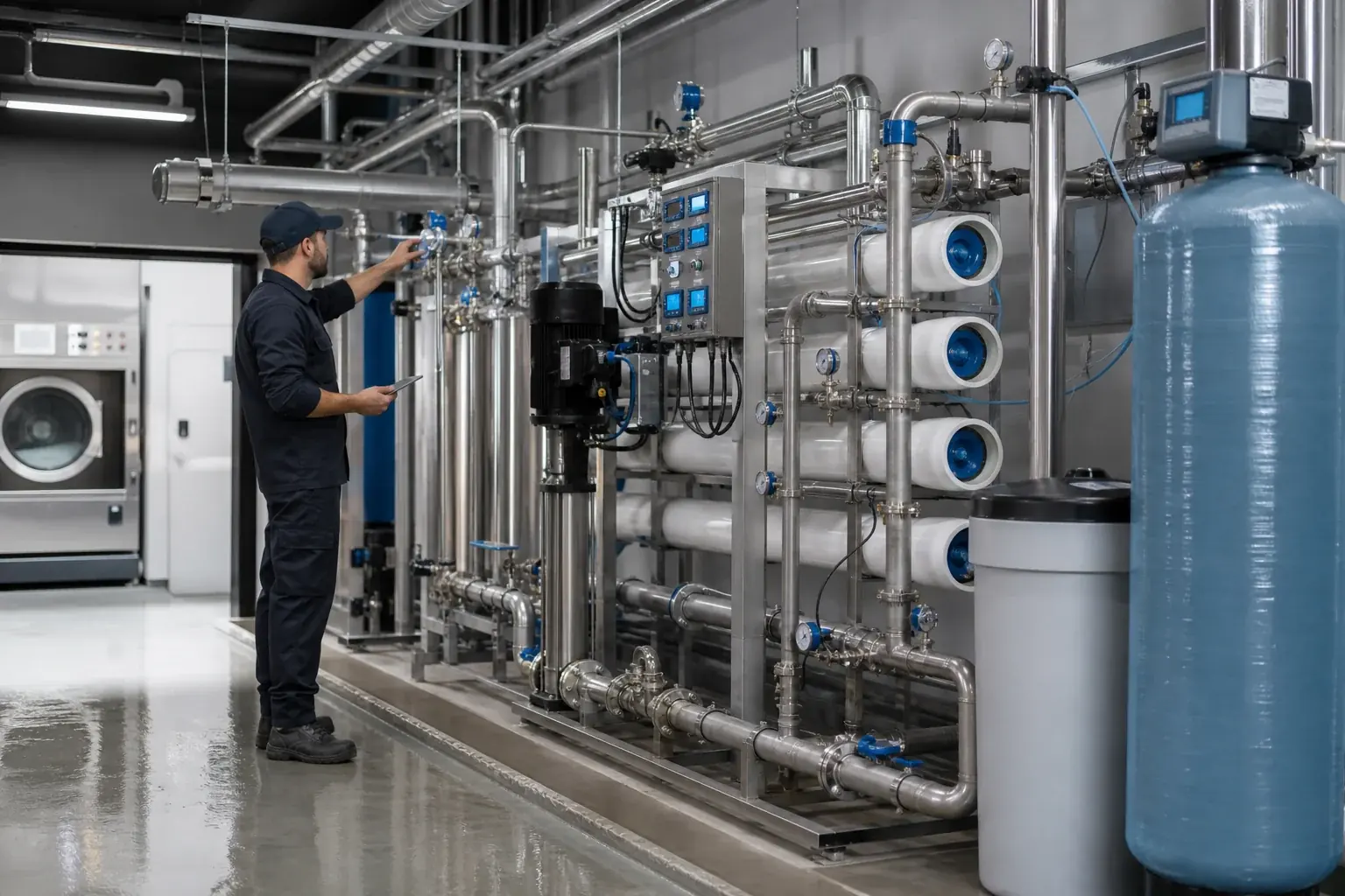 Installation de traitement de l’eau et récupération de chaleur en blanchisserie