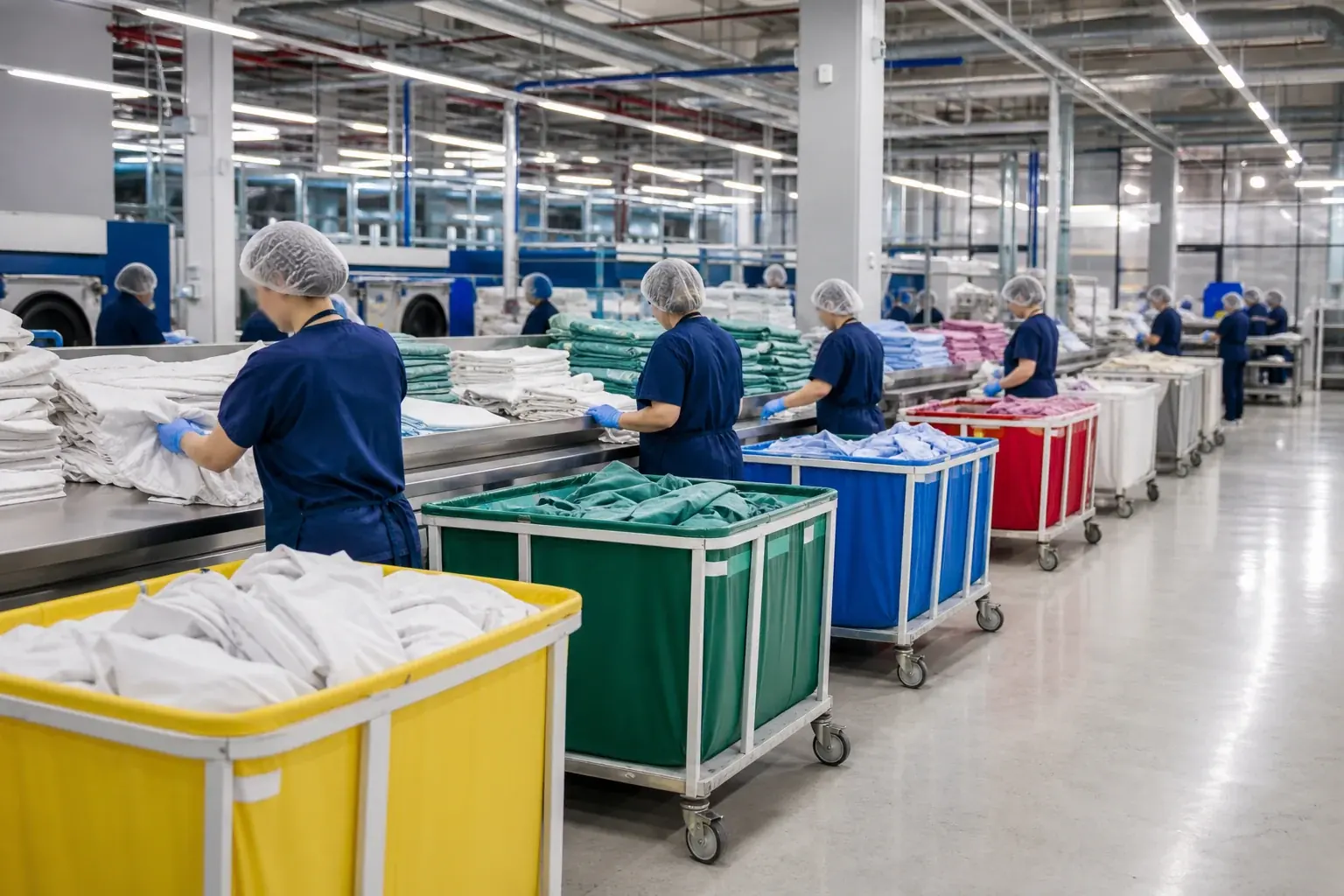 Illustration éditoriale d’un poste de tri de linge professionnel
