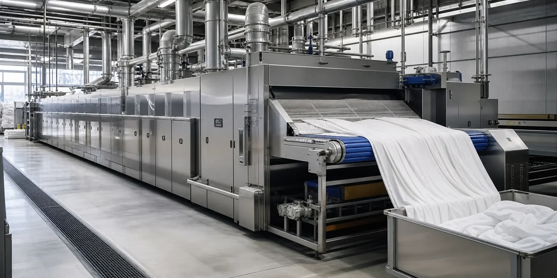 Tunnel de lavage continu dans une blanchisserie industrielle moderne